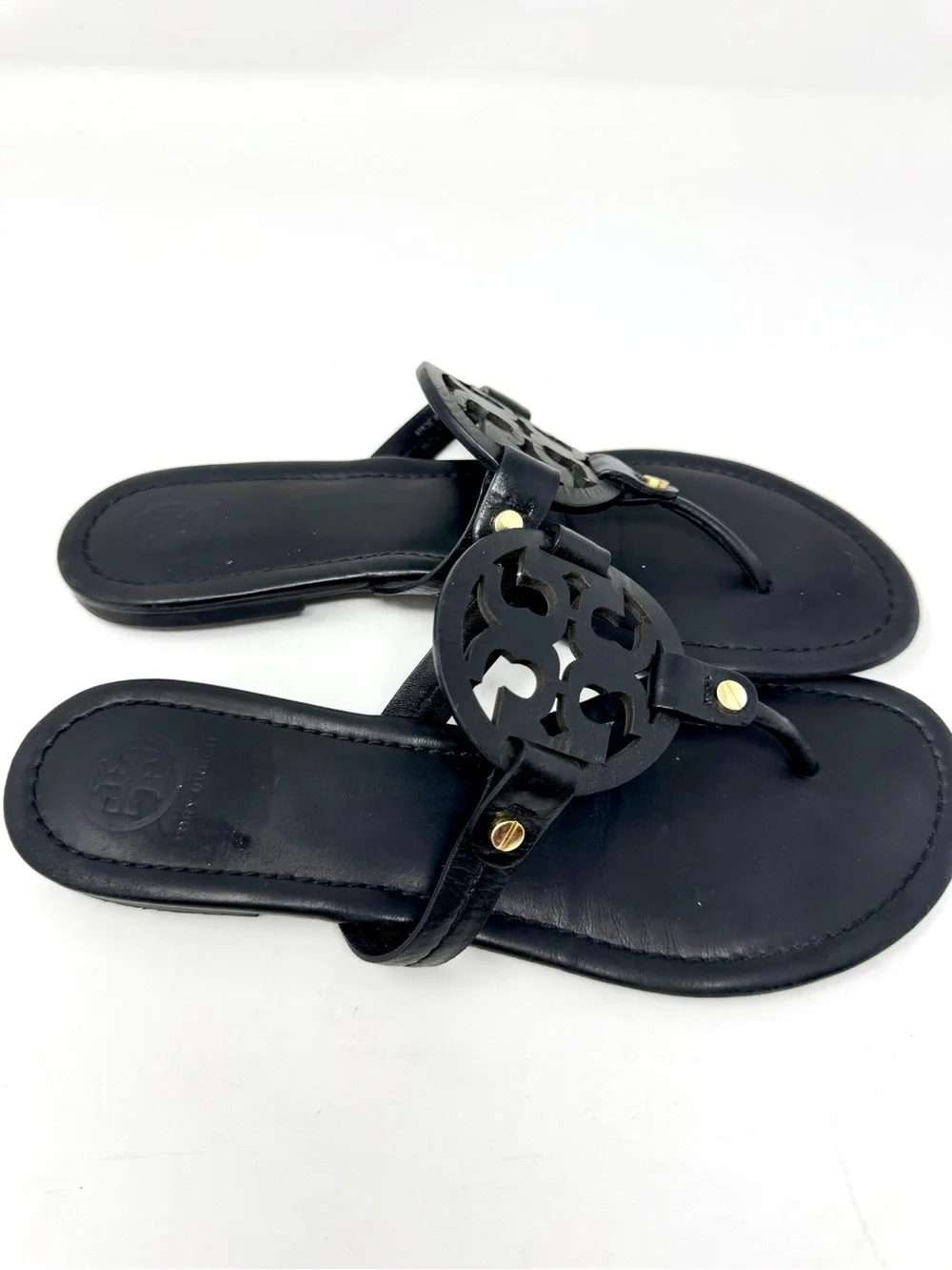 Tory Burch Miller Black Logo Medallion Leather Thong Sandals